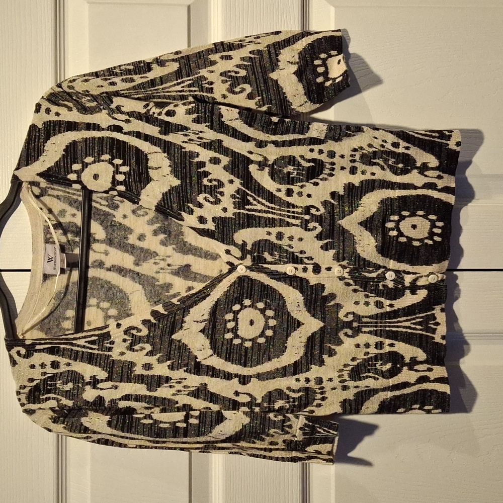 Worthington Short Sleeve Print Cardigan with Gold Flecks